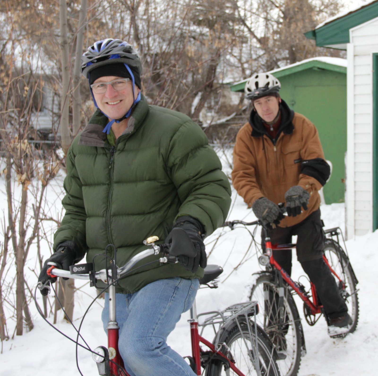 Green Energy Future's David Dodge and Keith Wallgren of RBF Cycles get ready to try a little winter cycling in the most northerly big city in North America. Photo Duncan Kinney, Green Energy Futures